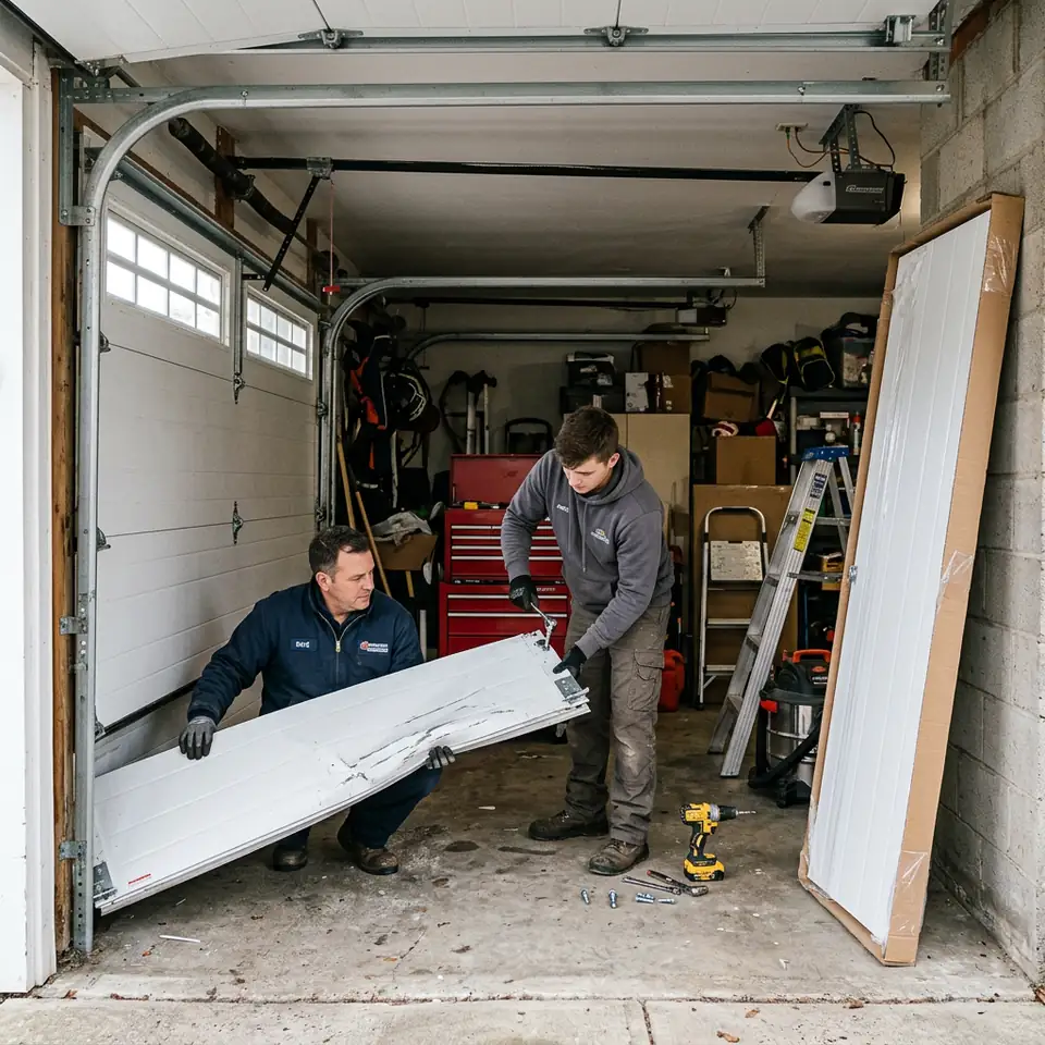 Dented garage door section removed with a new replacement panel beside it