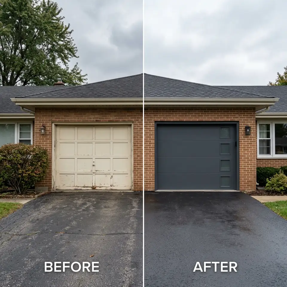 Modern charcoal steel garage door with narrow windows on a brick ranch home