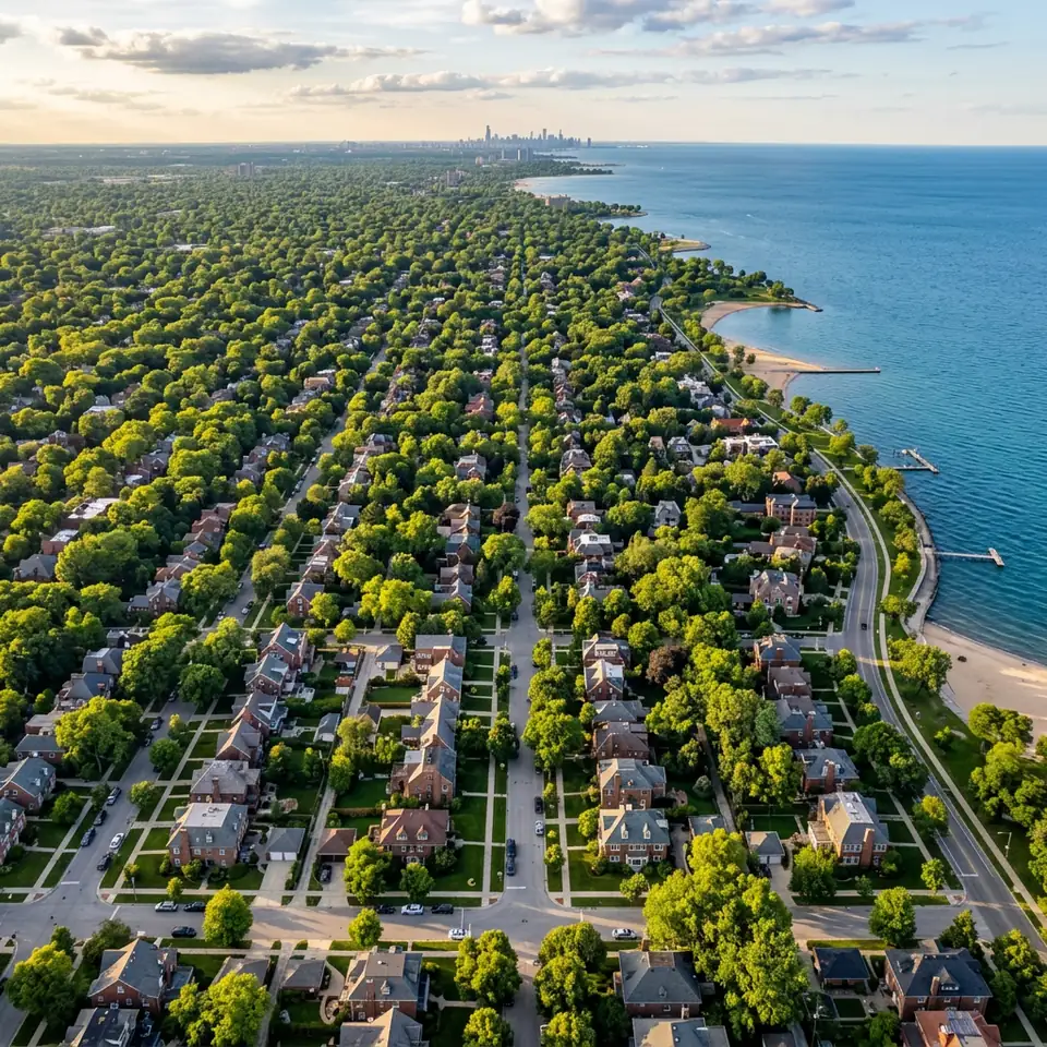 Aerial view of a leafy suburban grid of brick homes north of Chicago
