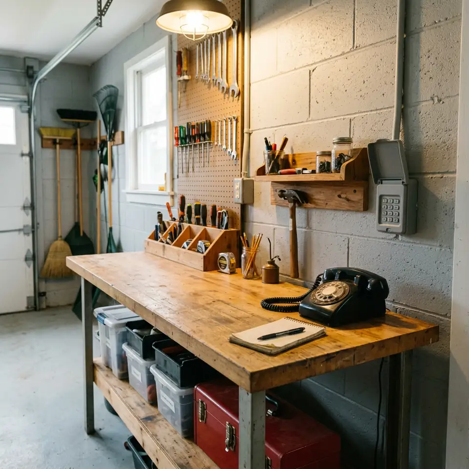 Garage wall keypad beside a workbench with a telephone in warm light