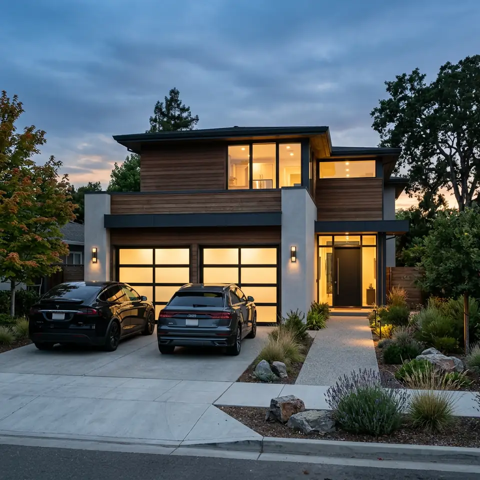 Modern aluminum and frosted glass garage door glowing at dusk on a contemporary home