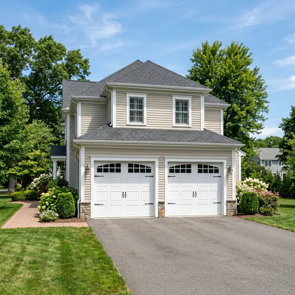 White raised panel double garage door with arched windows on a colonial home