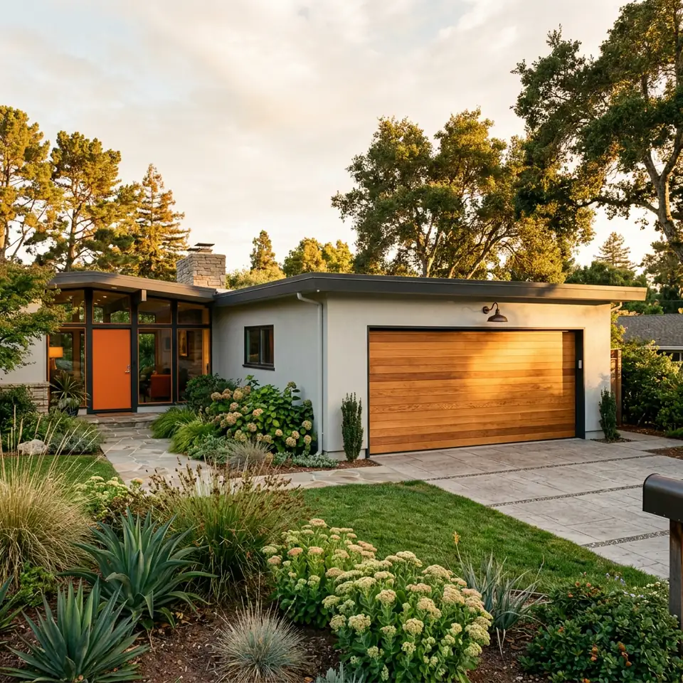 Warm cedar horizontal plank garage door on a mid century modern ranch home