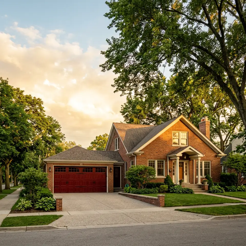 Brick bungalow in a North Shore suburb with an oxblood carriage style garage door at golden hour