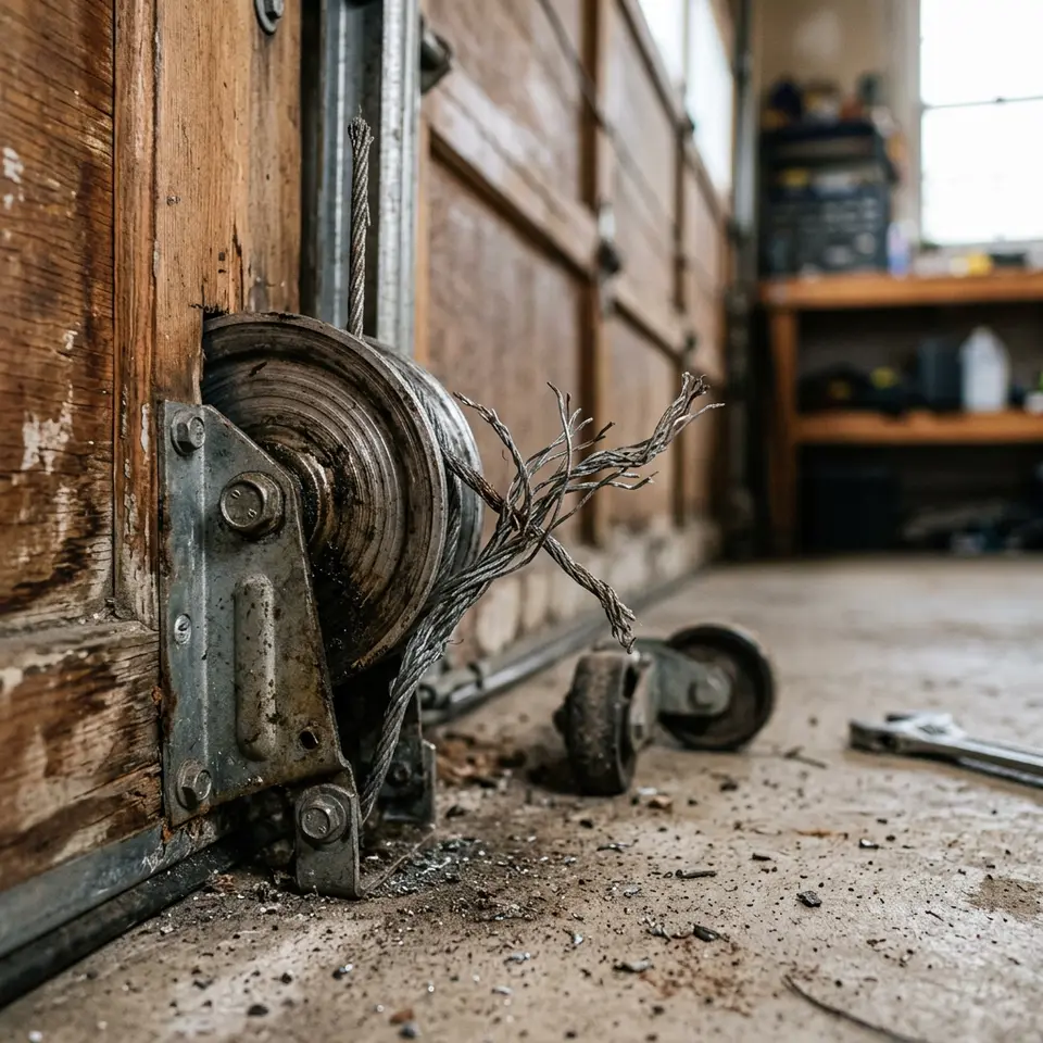Frayed steel lift cable unwinding from a garage door cable drum