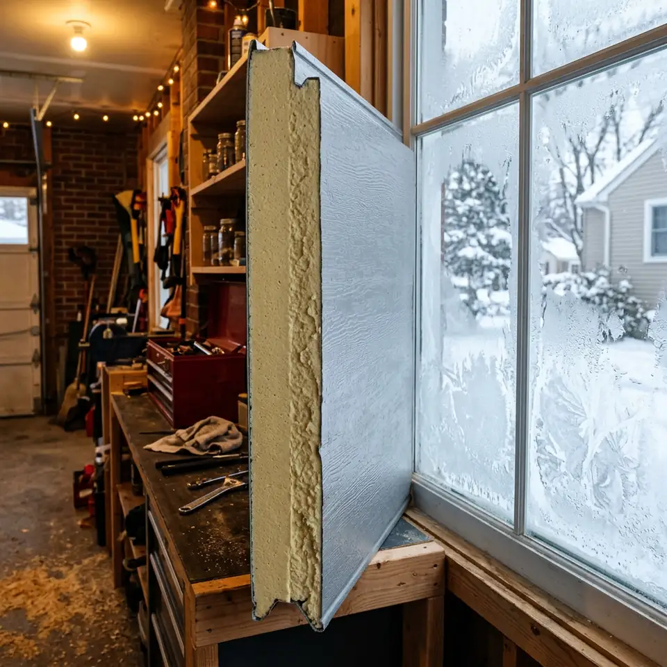 Cutaway edge of an insulated steel garage door section showing its foam core
