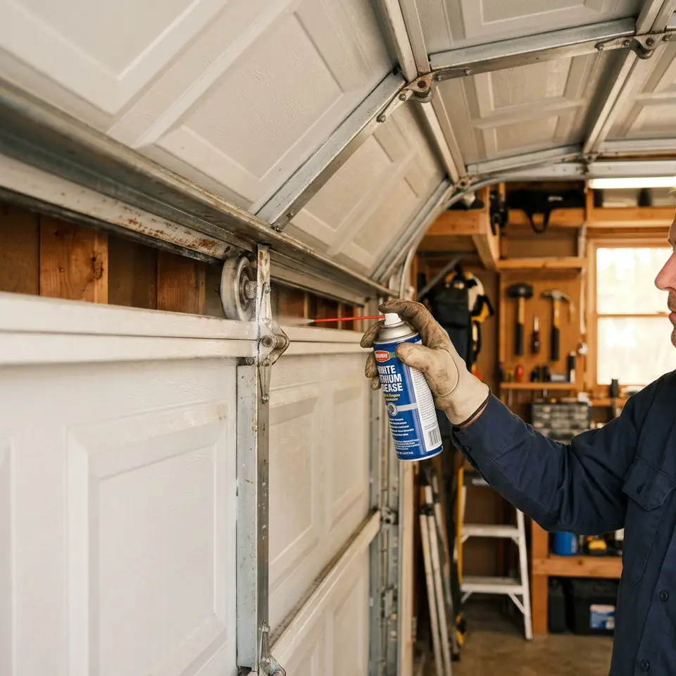 Lubricant being applied to garage door hinges and rollers