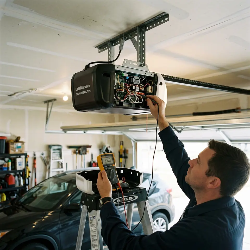 Garage door opener motor with cover removed being tested with a multimeter