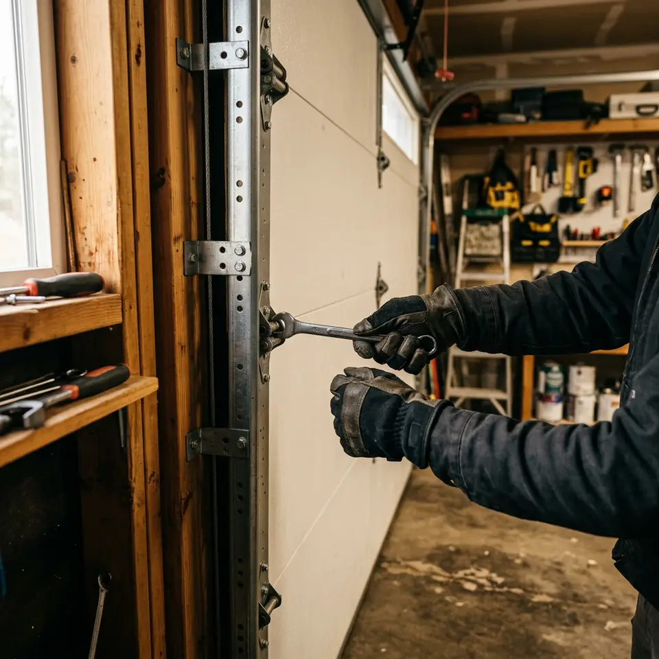 Gloved hands adjusting a residential garage door on its track
