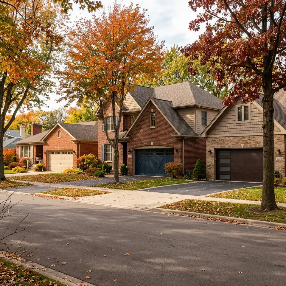 Tree lined residential street with brick homes and varied garage doors
