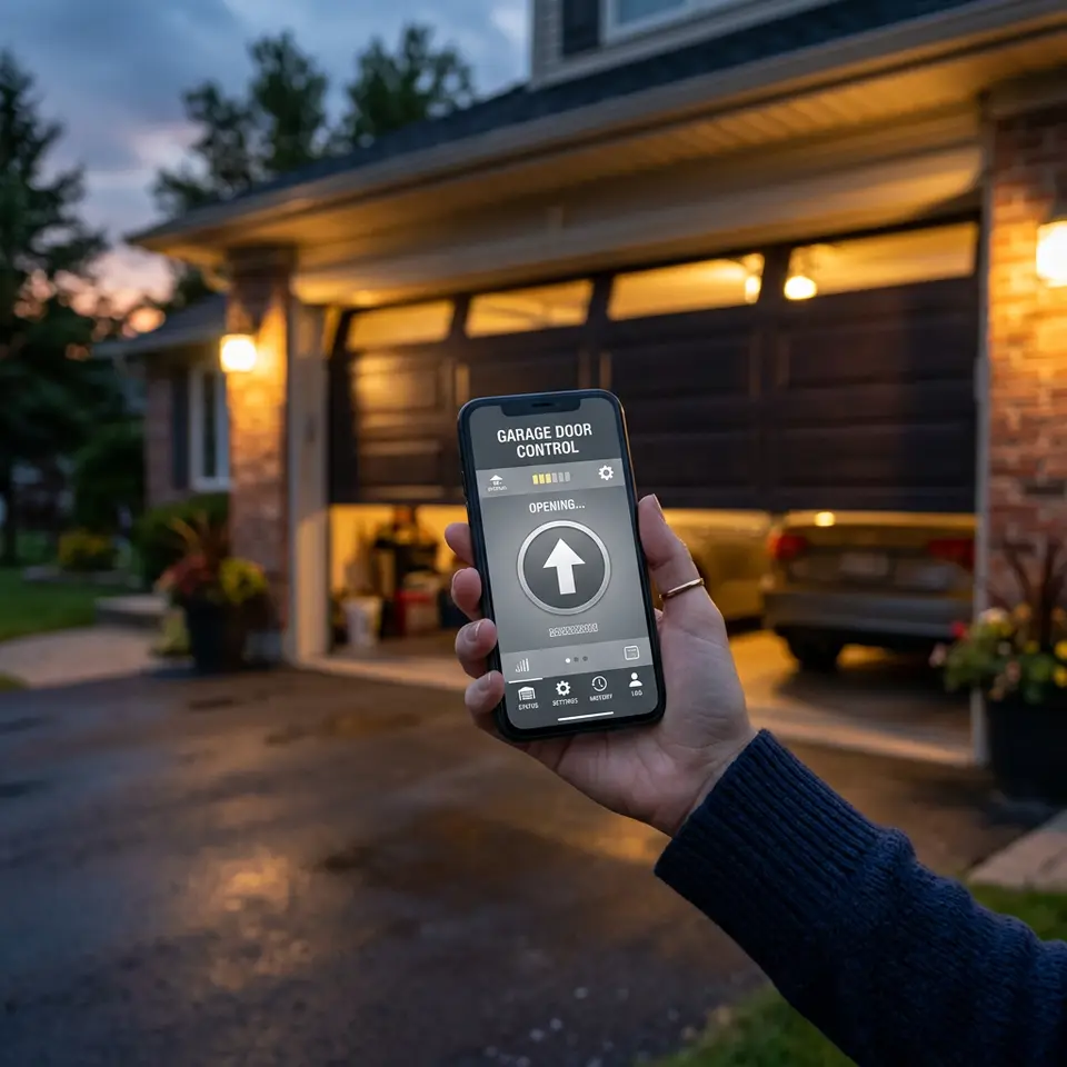 Hand holding a phone with a garage app as a garage door opens in the evening