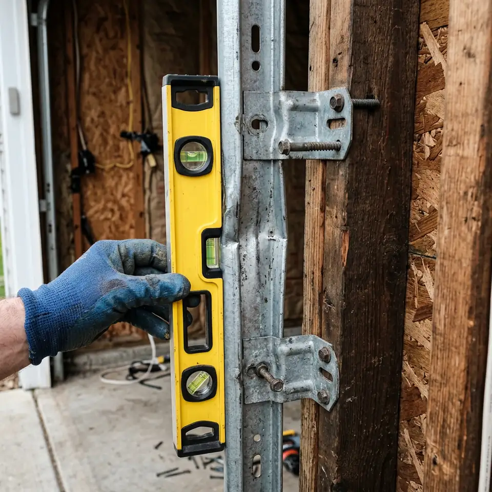 Level held against a bent galvanized garage door track on a garage wall